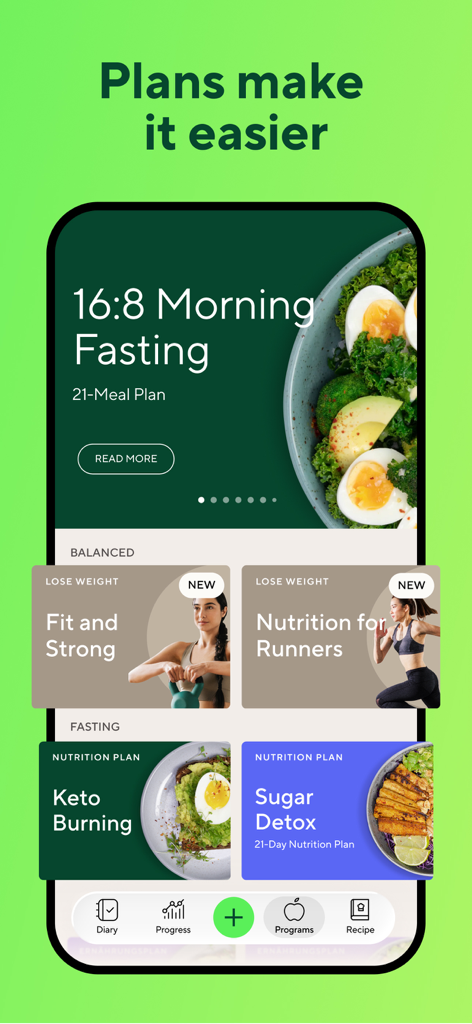 Lifesum mobile app interface displaying various nutrition and meal plans like fasting and keto