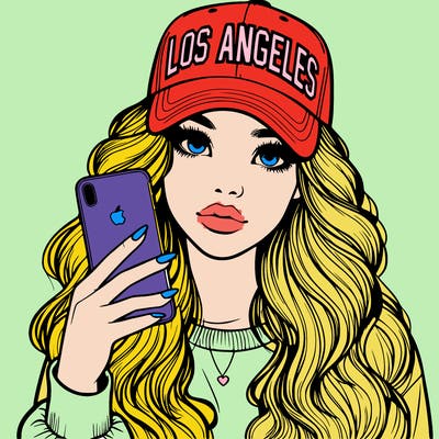 realistic beautiful girl wearing los ángeles cap holding an iphone