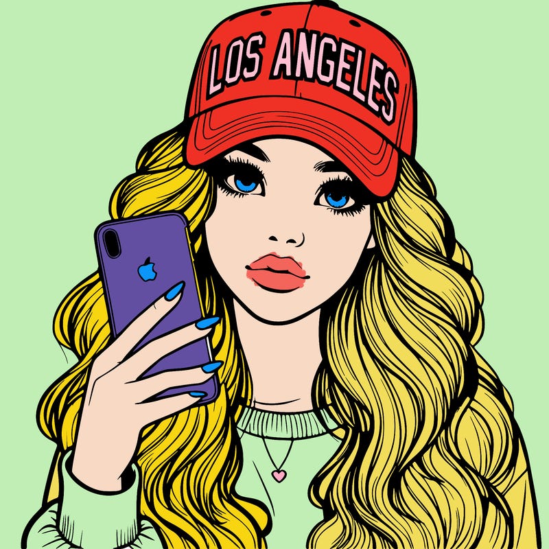 realistic beautiful girl wearing los ángeles cap holding an iphone