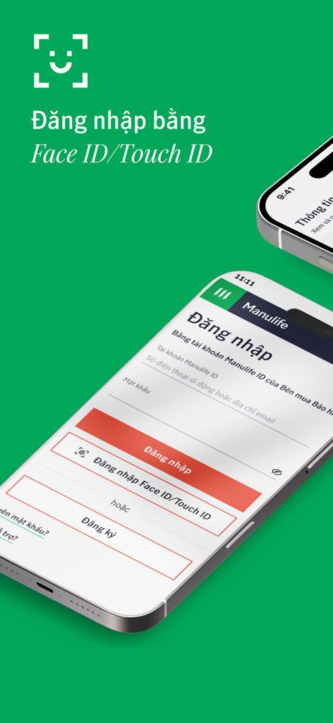 Manulife Vietnam - Écran de connexion de l'application Manulife Vietnam avec des options d'authentification par reconnaissance faciale et Touch ID.