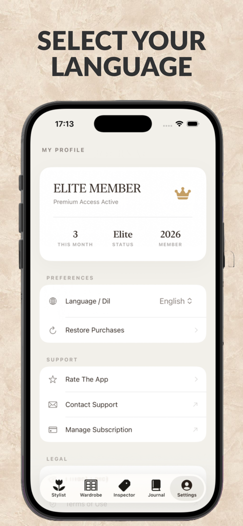 The Stylist - AI Outfit Critic - Pantalla de configuración de la aplicación The Stylist que muestra el estado del perfil de miembro élite y las opciones de selección de idioma.