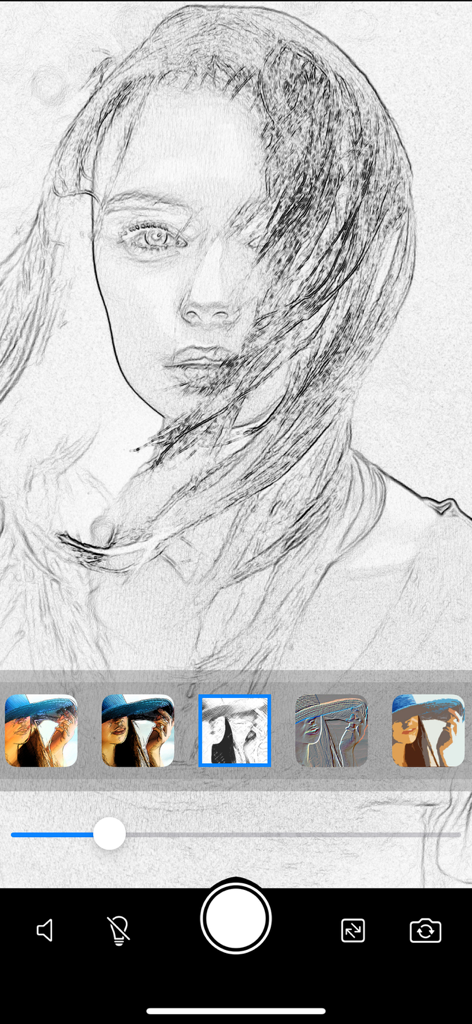 Portrait Sketch Camera - Retrato de boceto a lápiz de una mujer en la interfaz de la aplicación Portrait Sketch Camera