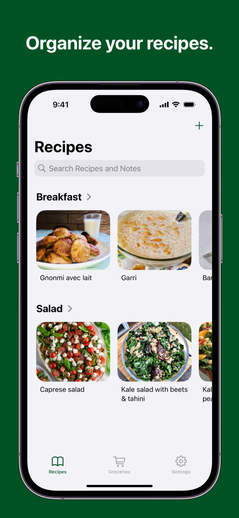 Schermata principale dell'app Kale Recipe Manager che mostra categorie di ricette organizzate per colazione e insalate
