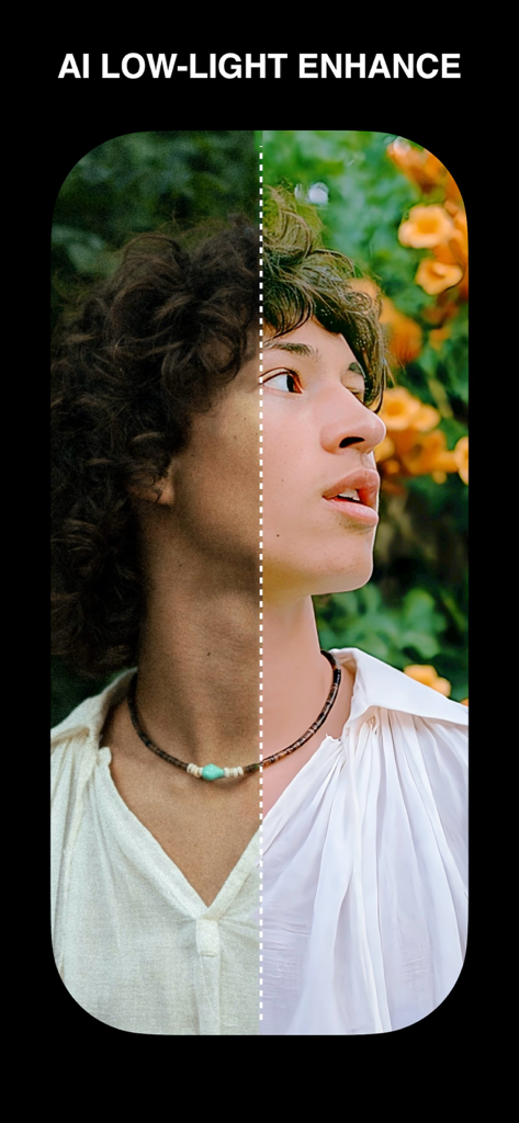 Perfect Pic—Face & Body Editor - Comparación de antes y después de la mejora de fotos con poca luz con IA en un retrato.