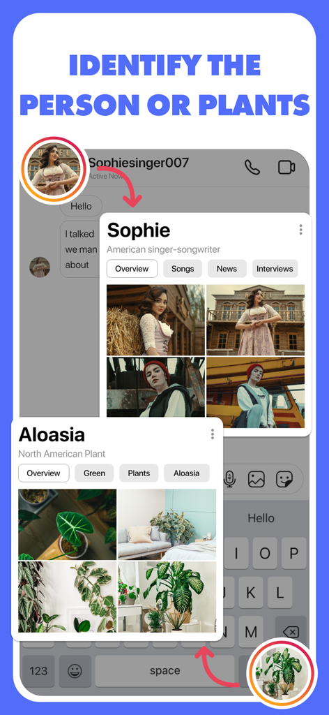 歌手と植物を識別する結果を表示するリバースイメージ検索アプリのスクリーンショット