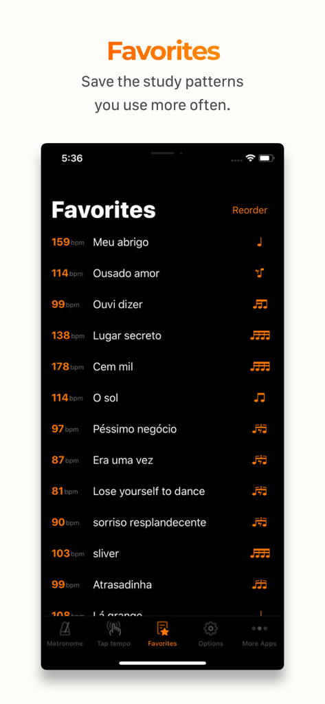 Metronome Cifra Club - Uma lista de padrões de estudo musical salvos e tempos de música na tela Favoritos do aplicativo Metrônomo Cifra Club.