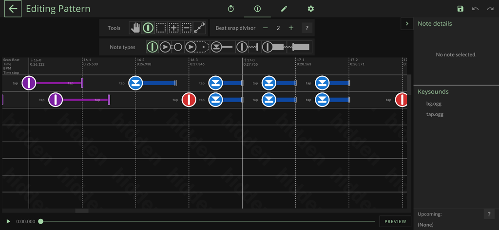 Interfaccia dell'editor di pattern di TECHMANIA per la creazione di chart personalizzate per giochi di ritmo