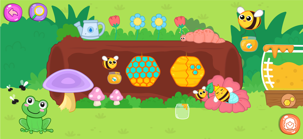 My Little Farm Game Kids World - Scena di un gioco di fattoria dei cartoni animati con api e un alveare in un ambiente boschivo per bambini.