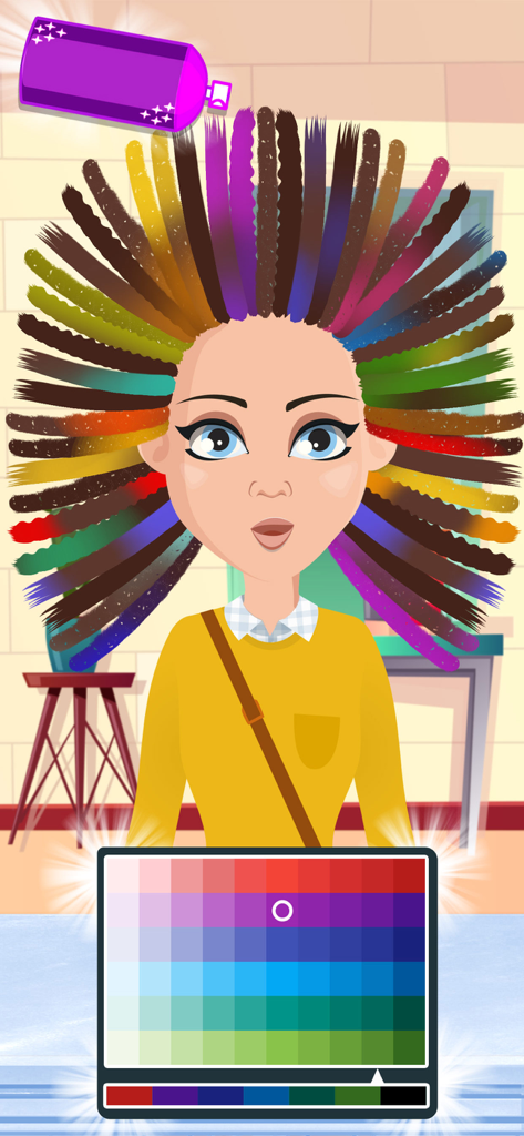 A girl character in a hair salon game with colorful rainbow dyed hair and a digital color palette