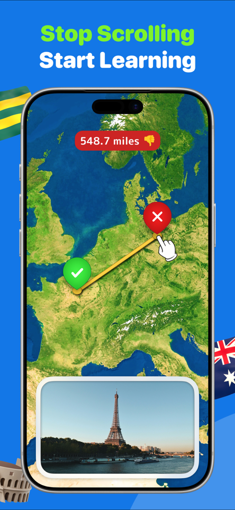 Geography Quiz: GeoGeek - Geography Quiz GeoGeek app interface featuring a map location game with the Eiffel Tower