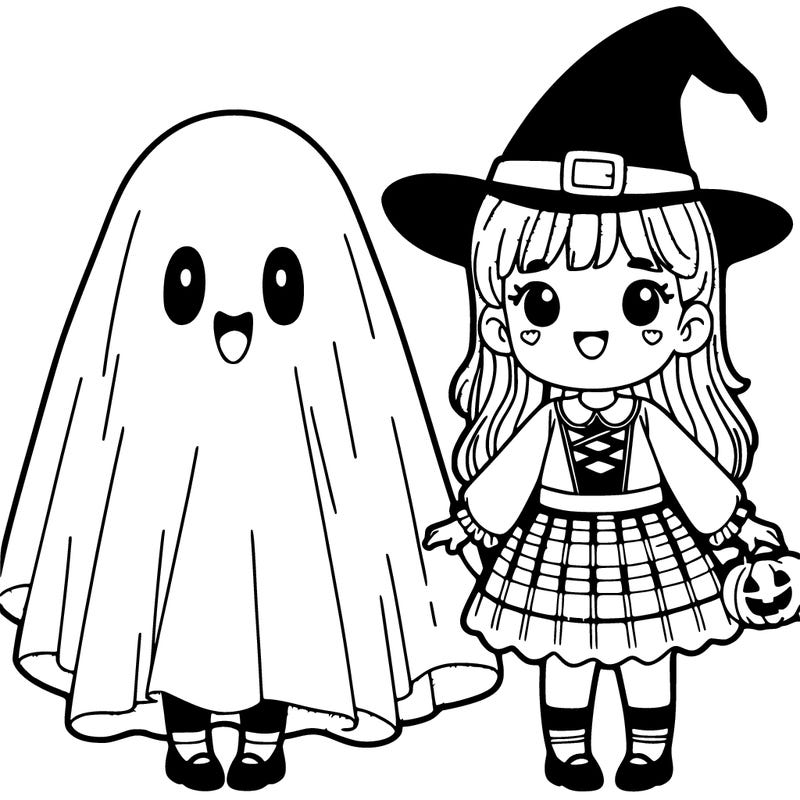 two little girls dressed up for halloween in a bedsheet ghost costume and her friend is a witch