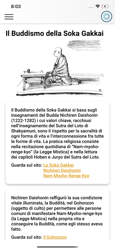 SGI Italia - SGIイタリアアプリの教育画面。日蓮大聖人のイラストとともに、創価学会の仏教について説明しています。