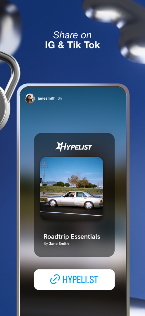 Hypelist: Create & Share Lists - Hypelist app interface for sharing a Roadtrip Essentials list on Instagram and TikTok