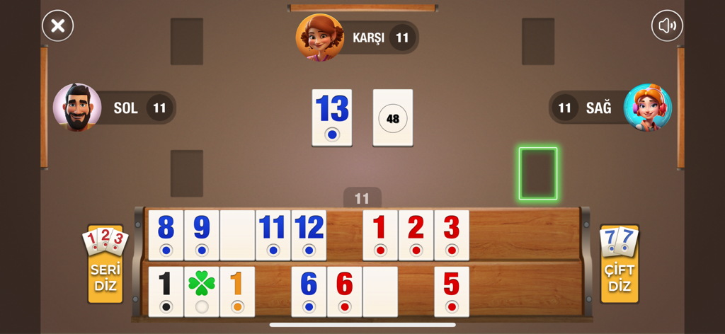 Okey Star - İnternetsiz Okey - Interfaccia di gioco di Okey Star che mostra un rack di tessere numerate e avversari IA