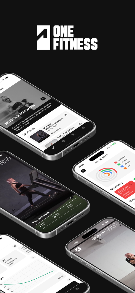 One Fitness App - Schermate multiple di iPhone che mostrano le funzionalità dell'app One Fitness, inclusi piani di allenamento, monitoraggio della nutrizione e grafici dei progressi.