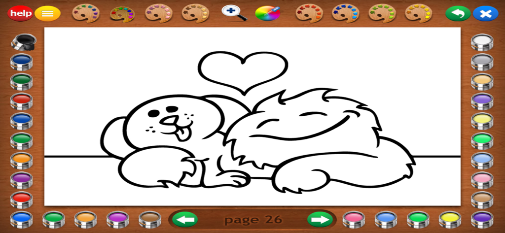 Coloring book screen showing two cute monsters cuddling under a heart