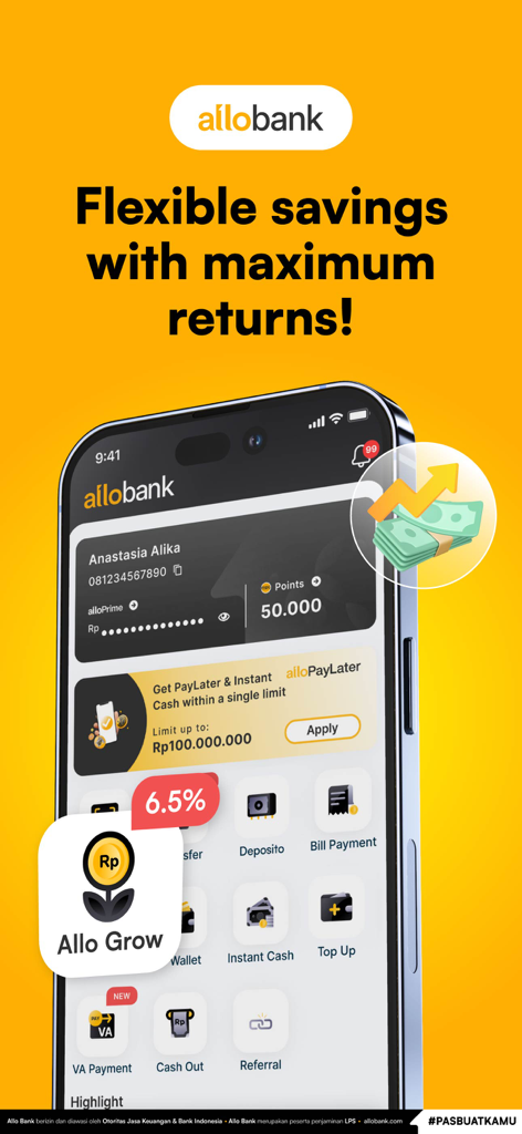 Interfaz de la aplicación móvil Allo Bank mostrando opciones de ahorro flexibles y funciones de banca digital