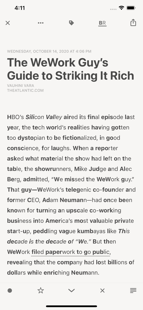 Reeder Classic app displaying a news article with Bionic Reading mode enabled for enhanced focus.