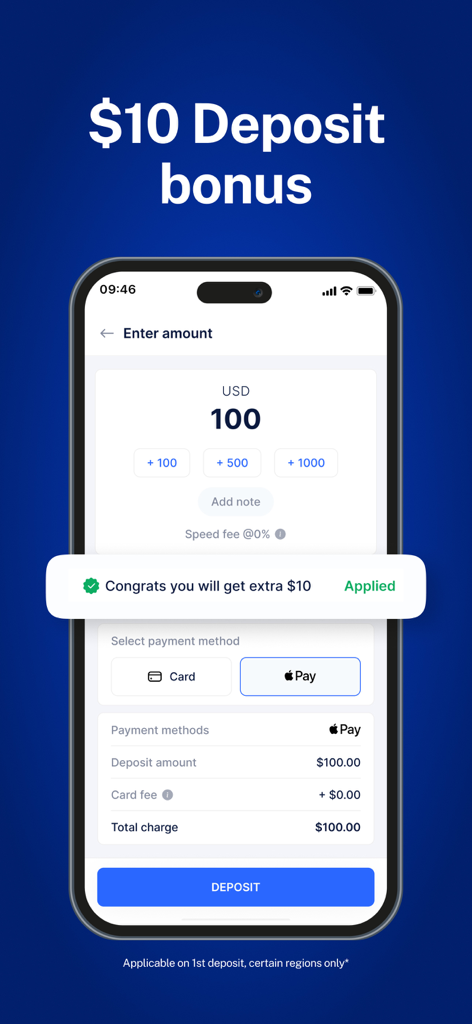 Speed Wallet: Buy Bitcoin - Speed Wallet app screen showing a ten dollar deposit bonus notification on a hundred dollar transaction