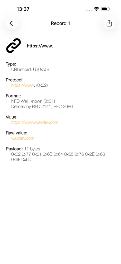 Detailed technical information of an NFC URI record showing protocol format value and payload