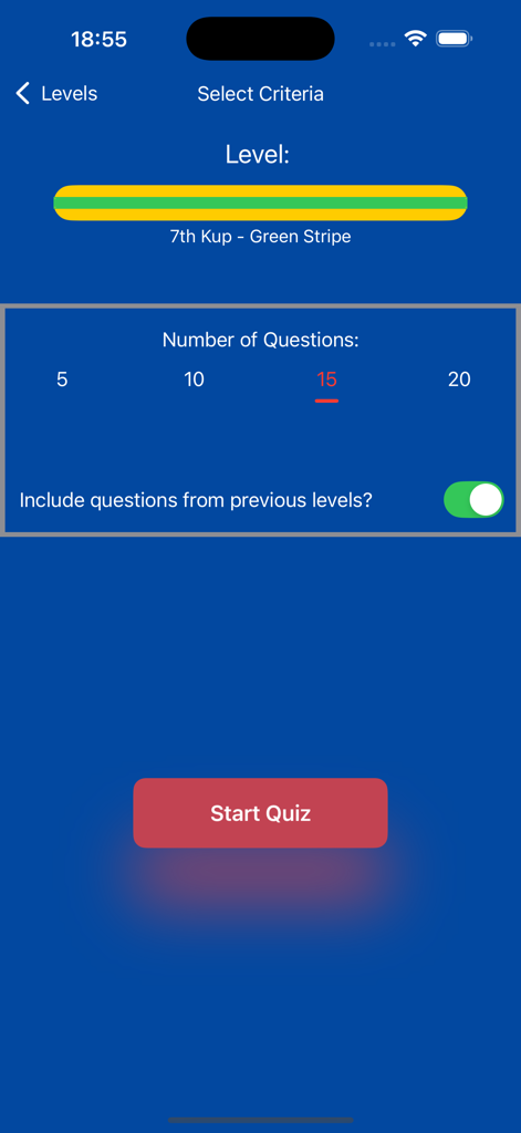 DojangIQ - DojangIQ quiz settings screen showing level selection for Green Stripe belt and question count selection.
