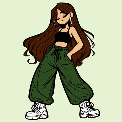 girl in baggy pants crop top and long hair