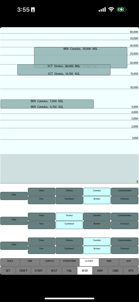 Cloud and weather configuration screen in the X-Plane 12 Control Pad app showing altitude layers and cloud types.