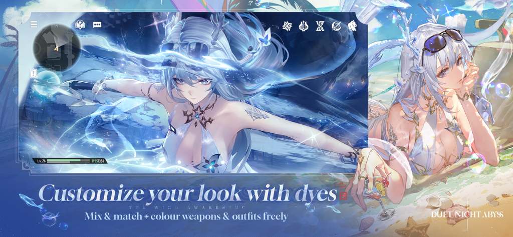 Duet Night Abyss - Un personaje de anime de pelo azul con un atuendo de verano que resalta el sistema de personalización y tintes de personajes en Duet Night Abyss.