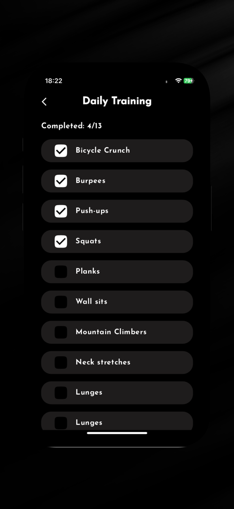 Beardly - Grow a Beard - Beardlyアプリの画面に、現代の男性のフィットネスルーチン用の腕立て伏せやスクワットなどの毎日のエクササイズのチェックリストが表示されています