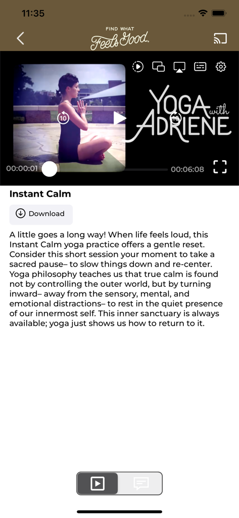 Find What Feels Good app interface showing the Instant Calm yoga class video player