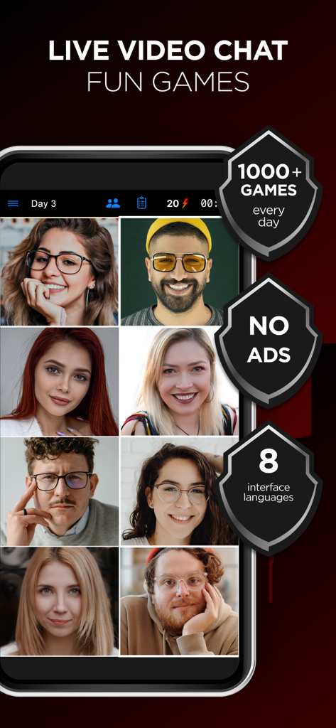 Screenshot of Mafia Game app showing a grid of eight players in a live video chat session with text highlights for no ads and thousands of daily games