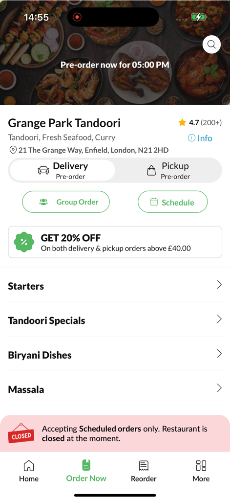 Grange Park Tandoori mobile app home screen showing food categories and a special discount offer