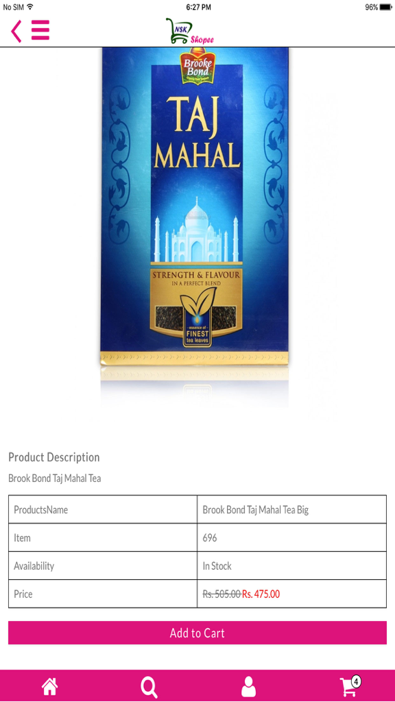 Product page for Brooke Bond Taj Mahal Tea on the NSK Shopee mobile app showing price and stock availability