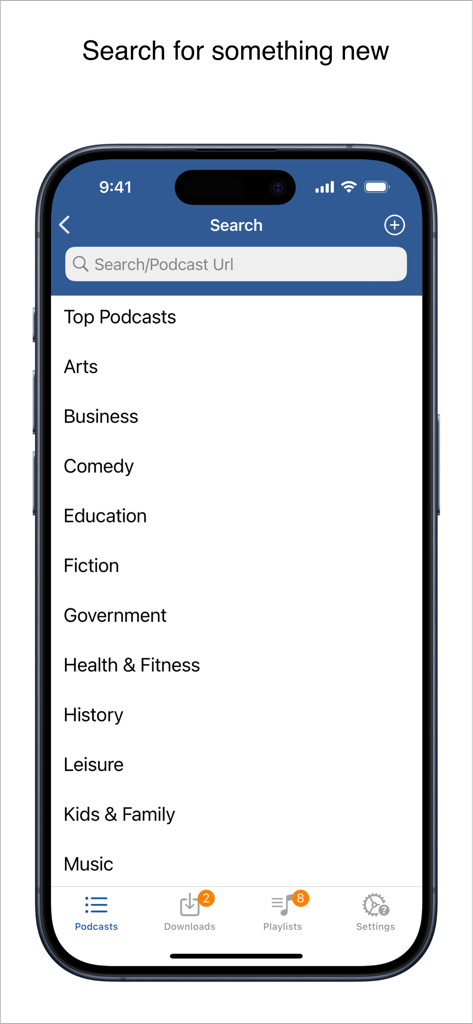iCatcher Podcast Player search interface showing a list of podcast categories and a search bar for keywords or URLs.
