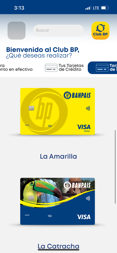 Club BP - Pantalla de la aplicación Club BP que muestra las opciones de tarjetas de crédito y débito de Banpais La Amarilla y La Catracha