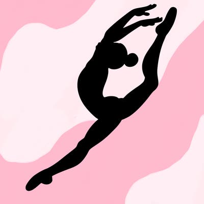 gymnast doing a leap in a leotard with a bent back leg