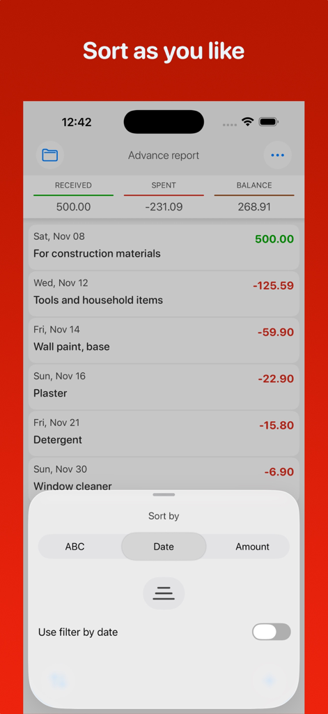 iPhone-Bildschirm mit der Benutzeroberfläche der Advance expense report App, der eine Liste von Bauausgaben und ein Sortierungsmenü unten anzeigt.