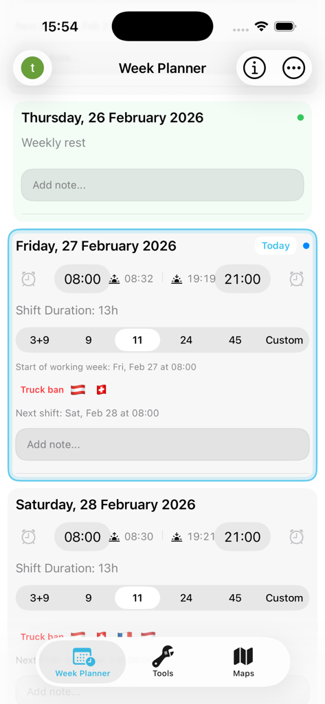 iDrive Truck - Weekly shift planner screen in the iDrive Truck app showing daily work and rest cycle schedules for professional drivers