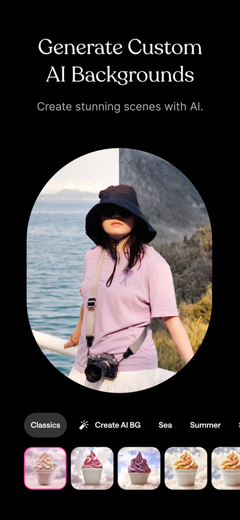 Remo・Remove Objects from Photo - Interface of the Remo app showing the generate custom AI backgrounds feature with a split screen preview on a portrait photo