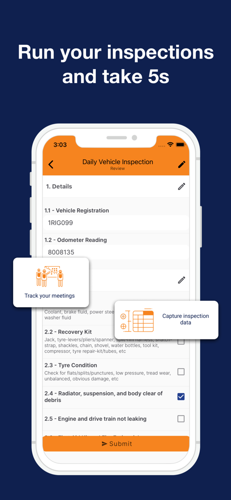 CorePlan - CorePlan mobile app interface showing a digital daily vehicle inspection checklist