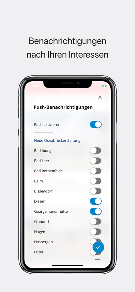 noz News - Smartphone screen showing push notification settings in the noz News app with toggles for different regional news locations.