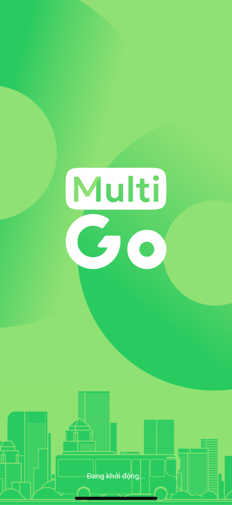 MultiGo - MultiGo app splash screen with a green background and Ho Chi Minh City skyline illustration