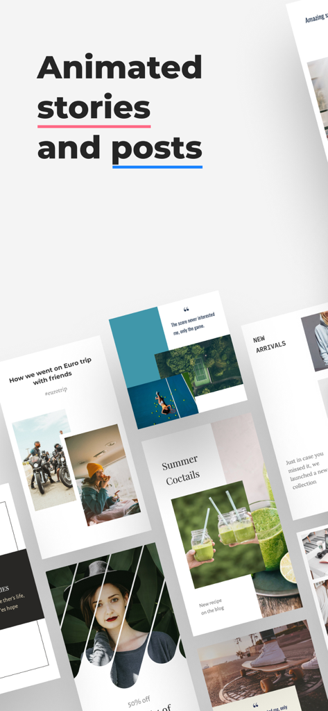 Collection de modèles animés esthétiques pour les stories et posts sur les réseaux sociaux dans l'application Smoozly