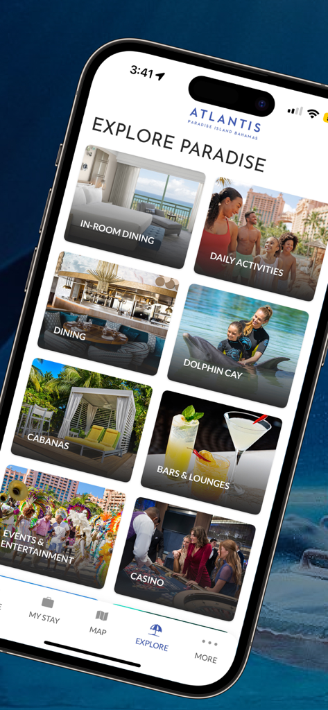 Startbildschirm der mobilen Atlantis Bahamas App mit Erkundungsoptionen für Resort-Aktivitäten und Restaurants