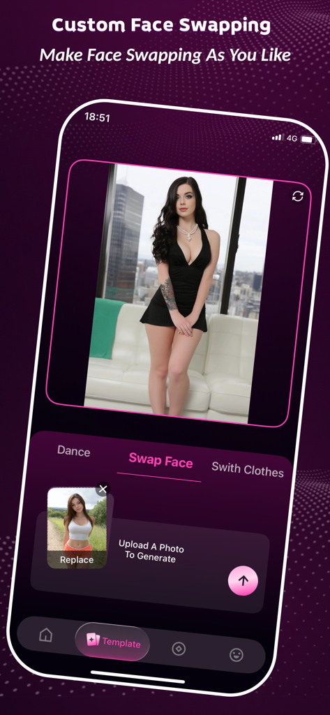 Mobile phone screen showing the AI face swap feature of the Vexoai app