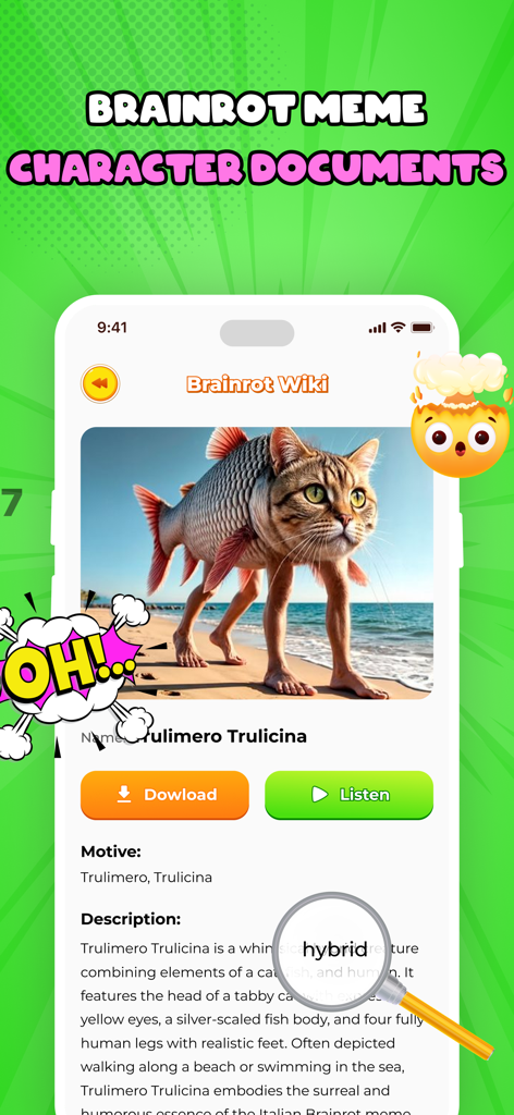 Italian Brainrot Wiki & Quiz - Screenshot of a character wiki page in the Italian Brainrot app showing a surreal cat fish hybrid meme