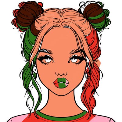 realistic girl with two buns in hair and lips