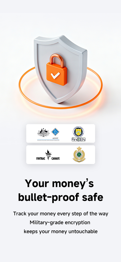 Security screen of KoalaRemit app showing regulatory licenses from FinCEN ASIC and FINTRAC with a 3D shield and lock icon
