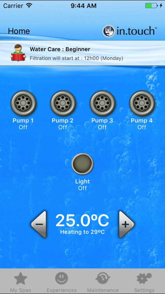 Interfaccia dell'app in.touch world edition per il controllo della temperatura e delle pompe della vasca idromassaggio