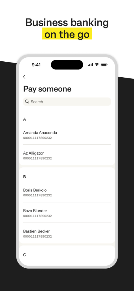 CommBiz business banking app interface showing the Pay Someone screen with a list of contacts and account numbers.